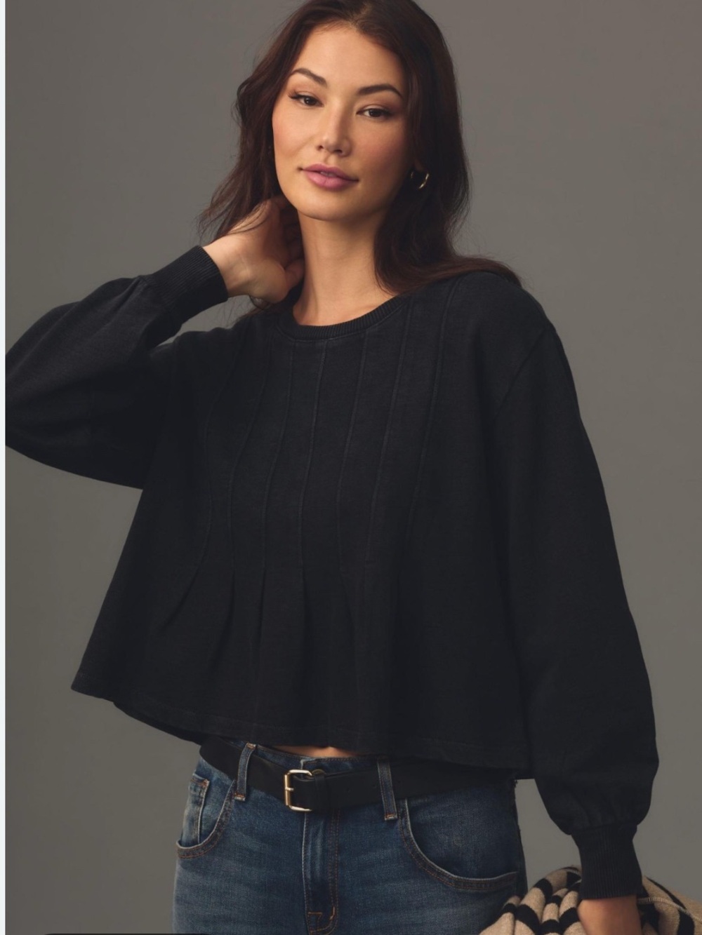 Pilcro Black Box Pleated Knit Sweatshirt Material Long Sleeve Blouse